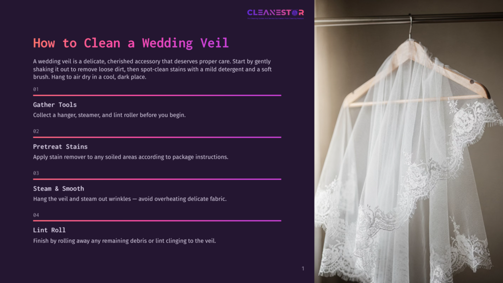 A White Wedding Veil With Intricate Lace Trim Hangs On A Wooden Hanger Against A Blurred Background, With Text Overlay On The Left Detailing How To Clean A Wedding Veil.