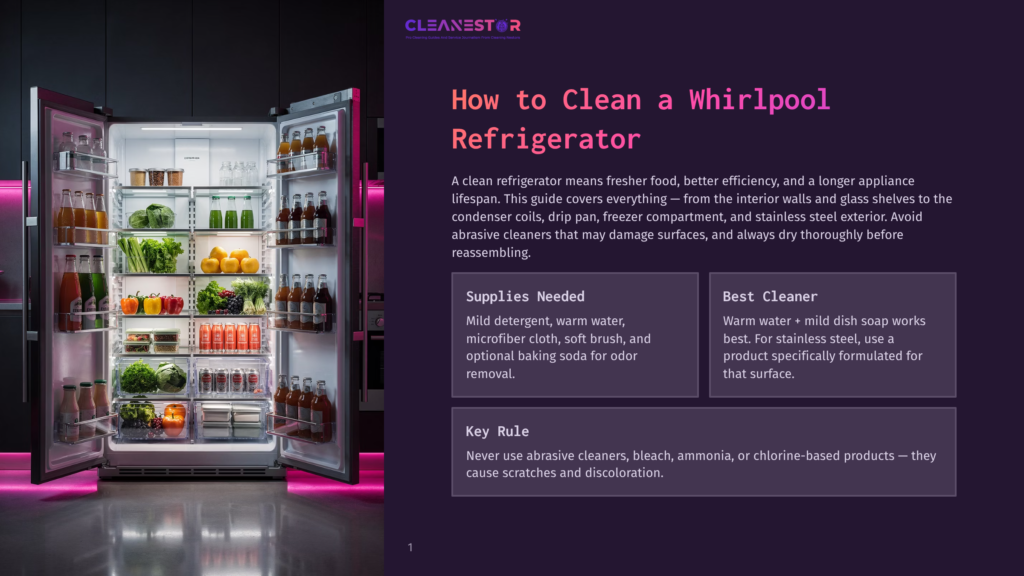 An Open Refrigerator With A Pink Led Light Illuminating The Inside, Filled With Various Food Items Such As Vegetables, Fruits, And Drinks. The Refrigerator'S Door Displays A Guide Titled &Quot;How To Clean A Whirlpool Refrigerator.&Quot; The Background Is Dark, And The Text Is In White.