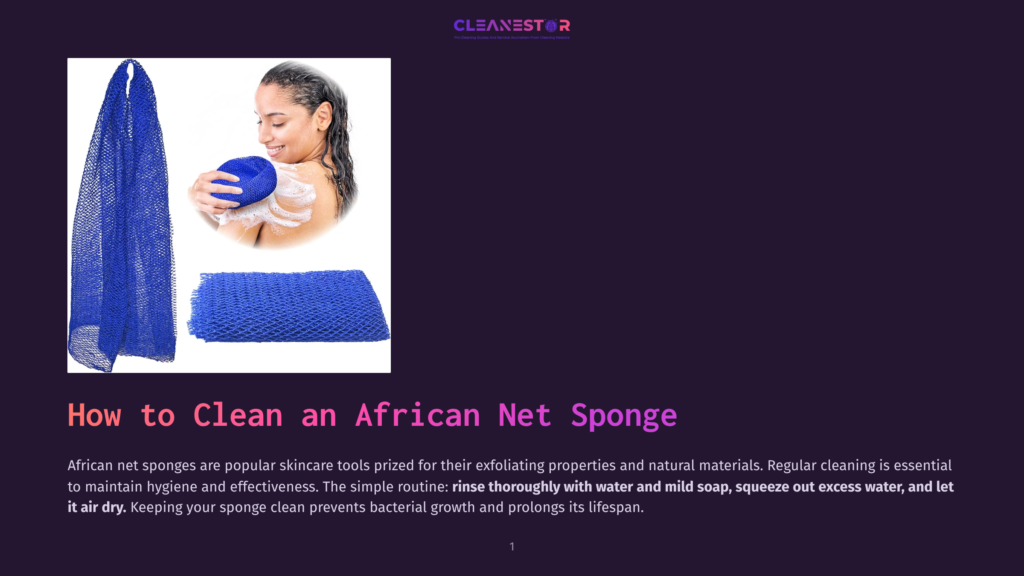 A Woman Smiles As She Lathers A Blue African Net Sponge With Soap, Demonstrating How To Use The Exfoliating Skincare Tool. A Folded Blue Net Sponge Lies Below.