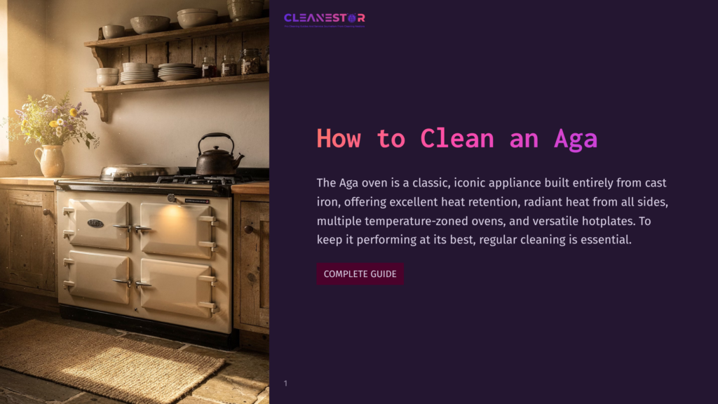 A Vintage Cream Aga Range Cooker Sits In A Rustic Kitchen, With Shelves Of Pottery And A Bouquet Of Flowers In The Background. The Cleanestor Logo Is Visible At The Top, Along With The Title &Quot;How To Clean An Aga&Quot;.