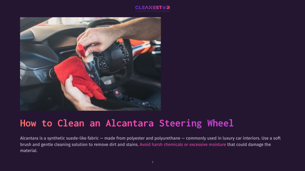 Close-Up Of Hands Cleaning A Red Alcantara Steering Wheel In A Luxury Car Interior With A Red Cloth And Cleaning Solution.