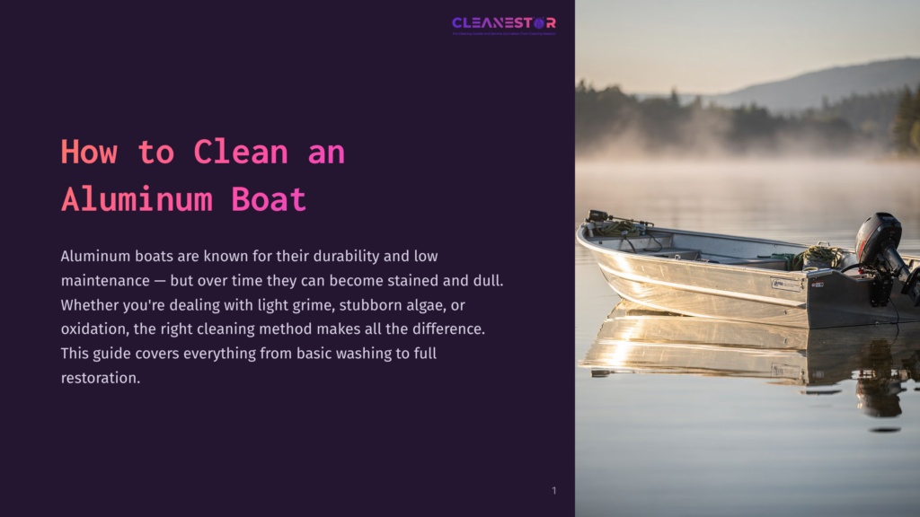 A Silver Aluminum Fishing Boat With An Outboard Motor Sits On A Misty Lake At Sunrise, Reflecting Golden Light On The Calm Water. &Quot;How To Clean An Aluminum Boat&Quot; Is Visible On A Dark Background.