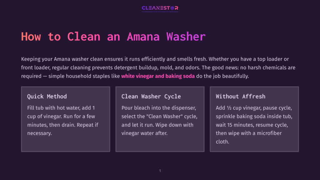 1 How To Clean An Amana Washer Infographic Titled &Quot;How To Clean An Amana Washer&Quot; With Three Methods: Quick Method, Clean Washer Cycle, And Without Affresh. The Infographic Highlights Using Vinegar And Baking Soda For Cleaning.