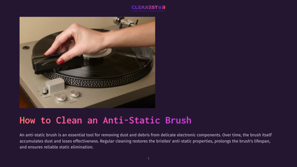 Close-Up Of A Hand With Red Nail Polish Using A Black Anti-Static Brush To Clean A Vinyl Record On A Turntable, With &Quot;Cleanestor&Quot; Logo Visible.