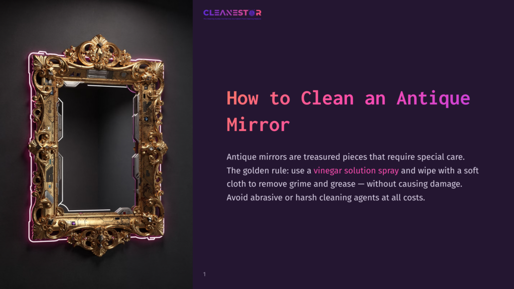An Ornate, Antique Gold Mirror With Intricate Carvings Is Illuminated By A Neon Pink Glow. The Text &Quot;How To Clean An Antique Mirror&Quot; Is Overlaid On A Dark Purple Background.