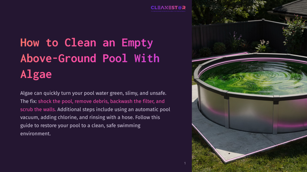 An Empty Above-Ground Pool Filled With Bright Green, Slimy Algae, With Pink Led Lights Outlining The Pool Deck And Surrounding Grass. The Text &Quot;How To Clean An Empty Above-Ground Pool With Algae&Quot; Is Visible.