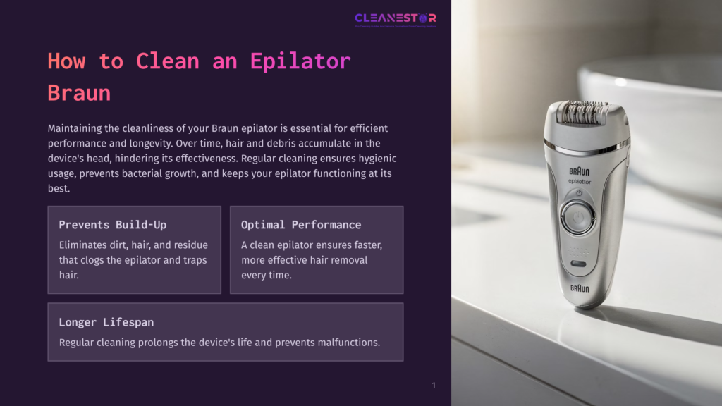 A White Braun Epilator Sits On A Clean, White Surface, With A Blurred Background Of A Bathroom Sink And Faucet. The Text &Quot;Cleanestor&Quot; Is Visible At The Top.
