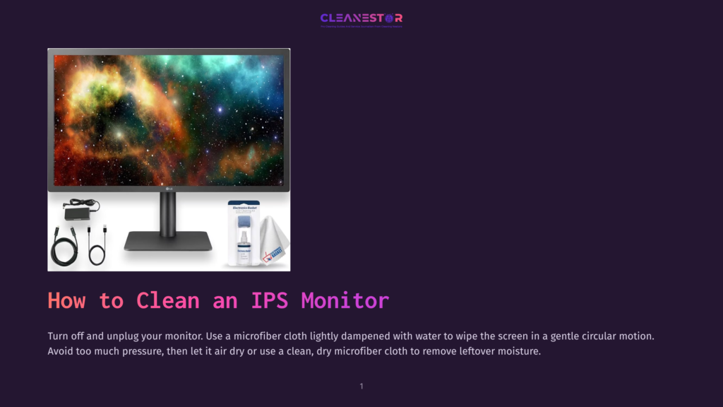 Lg Ips Monitor With Power Cord, Hdmi Cable, And Cleaning Kit On A Dark Purple Background. Text Reads &Quot;Cleanestor&Quot; And &Quot;How To Clean An Ips Monitor&Quot;.