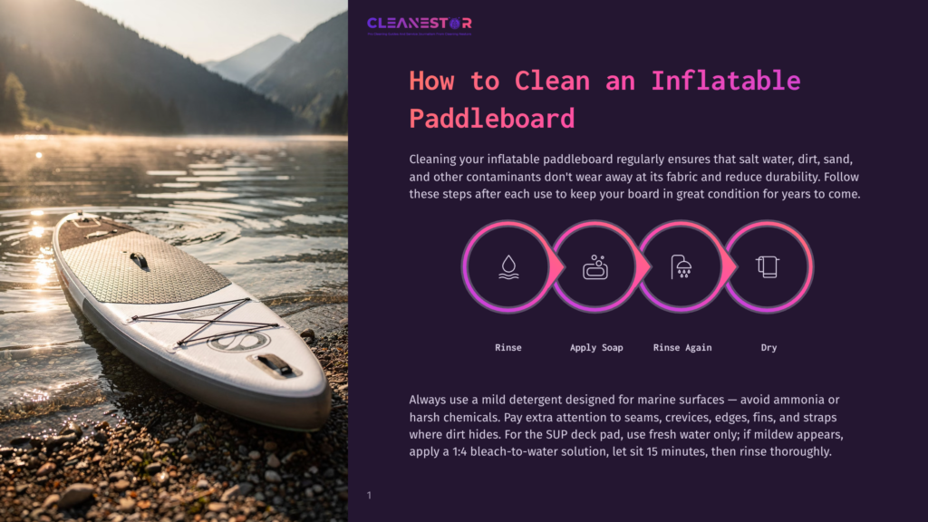 An Inflatable Paddleboard Lies On A Pebble Shore With A Serene Mountain Range In The Background, Under The Soft Glow Of A Setting Sun. The Paddleboard Has A Textured Design, And Three Cleaning Steps Are Displayed With Icons: Rinse, Apply Soap, And Rinse Again, Followed By A Dry Symbol.