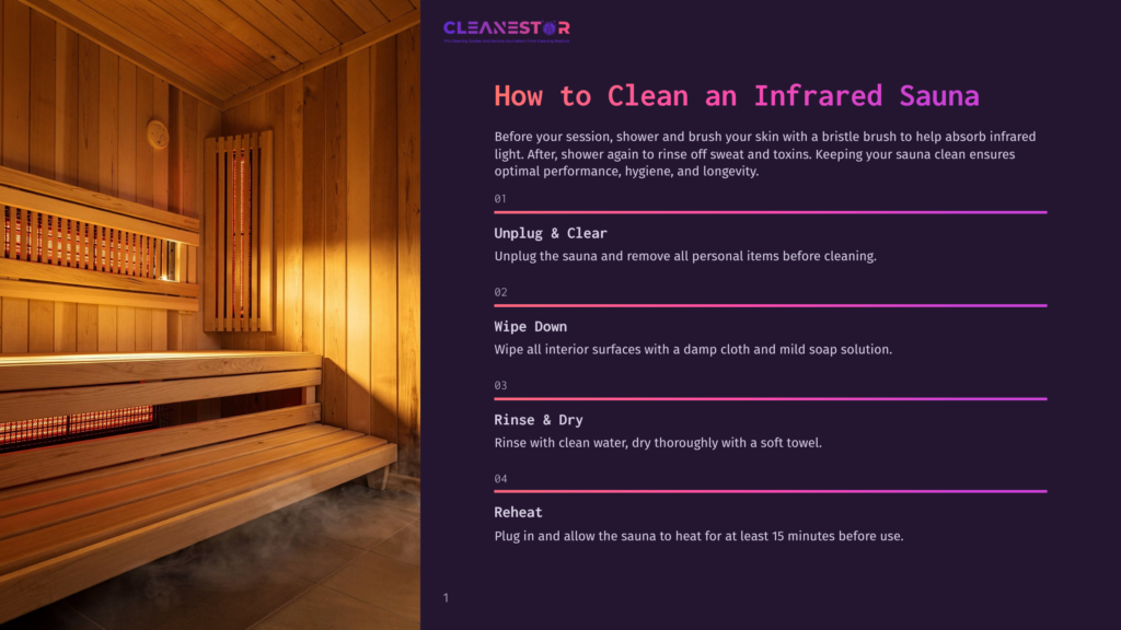 Interior Of A Clean, Modern Infrared Sauna With Warm Wood Paneling, Wooden Benches, And Glowing Red Infrared Heating Elements. Text Overlay Reads &Quot;Cleanestor&Quot; And &Quot;How To Clean An Infrared Sauna&Quot;.