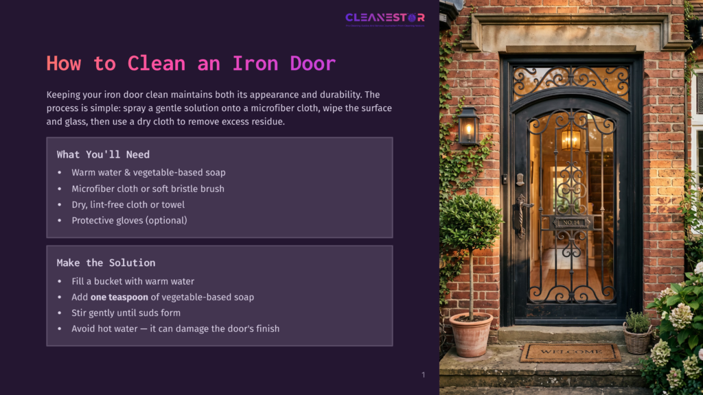 A Beautifully Ornate Wrought Iron Door On A Brick House, With A &Quot;Welcome&Quot; Mat And Potted Plants. Text Overlays Provide Instructions On &Quot;How To Clean An Iron Door.