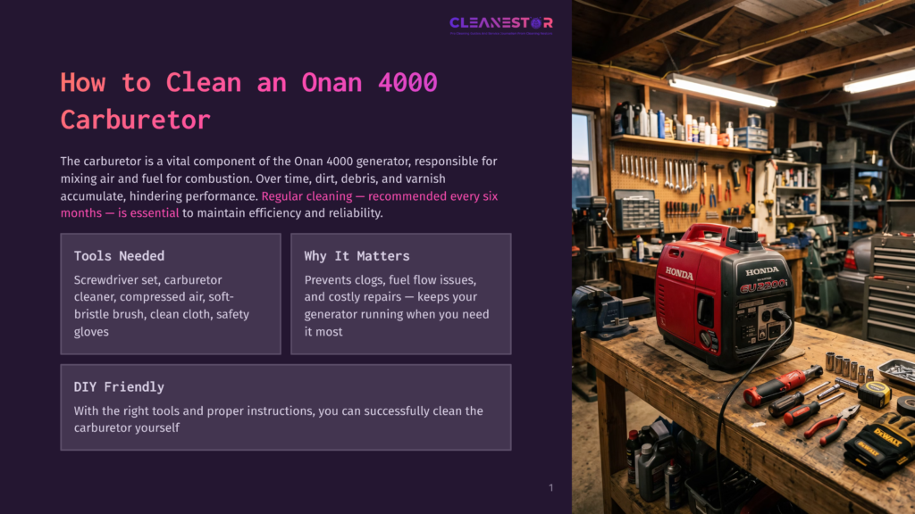 1 How To Clean An Onan 4000 Carburetor A Red Honda Eu2000I Generator Sits On A Workbench In A Cluttered Garage, Surrounded By Tools And Cleaning Supplies. The Scene Is Set For Cleaning An Onan 4000 Generator Carburetor.