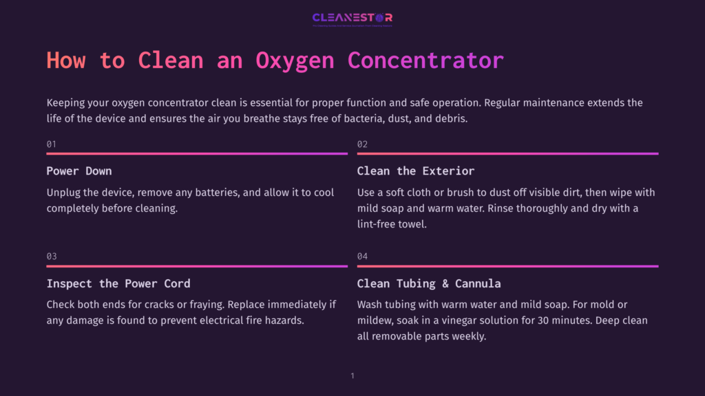 Infographic Detailing How To Clean An Oxygen Concentrator, With Steps Like &Quot;Power Down,&Quot; &Quot;Clean The Exterior,&Quot; &Quot;Inspect The Power Cord,&Quot; And &Quot;Clean Tubing &Amp; Cannula.
