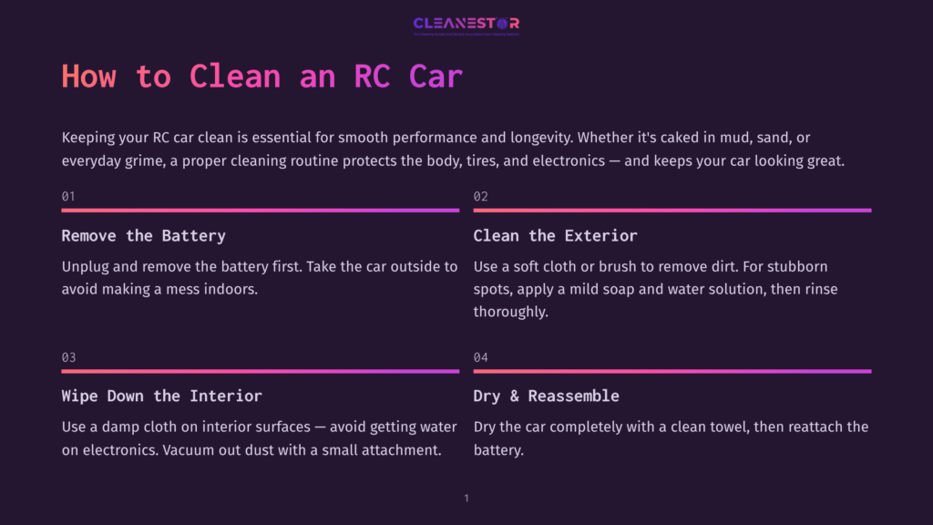 Infographic Titled &Quot;How To Clean An Rc Car&Quot; Displays Four Steps. Step 1: Remove The Battery By Unplugging And Taking The Car Outside To Avoid Mess Indoors. Step 2: Clean The Exterior Using A Soft Cloth Or Brush For Dirt, Followed By A Mild Soap And Water Rinse For Stubborn Spots. Step 3: Wipe Down The Interior With A Damp Cloth, Avoiding Electronics. Step 4: Dry And Reassemble By Using A Clean Towel To Dry The Car, Then Reattach The Battery.
