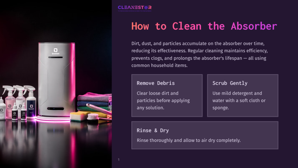 1 How To Clean The Absorber 1 A Modern Gray And Pink Cleaning Appliance, Labeled &Quot;Bosian,&Quot; Sits On A Reflective Surface, Surrounded By Cleaning Products. The Text &Quot;How To Clean The Absorber&Quot; Is Displayed Above The Image With Step-By-Step Instructions Below.