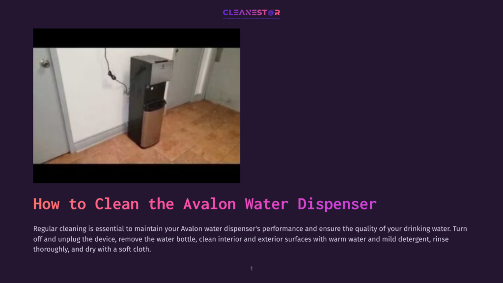 A Black And Silver Avalon Water Dispenser Sits In A Room With Tiled Floors And Beige Walls. The Dispenser Has A Water Bottle On Top And A Spigot Below.