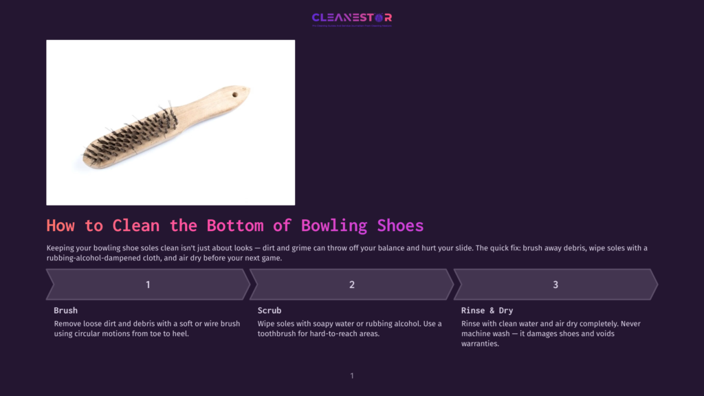 A Stiff-Bristled Brush With A Wooden Handle, Used For Cleaning The Bottom Of Bowling Shoes. The Brush Is Shown On A Dark Purple Background.