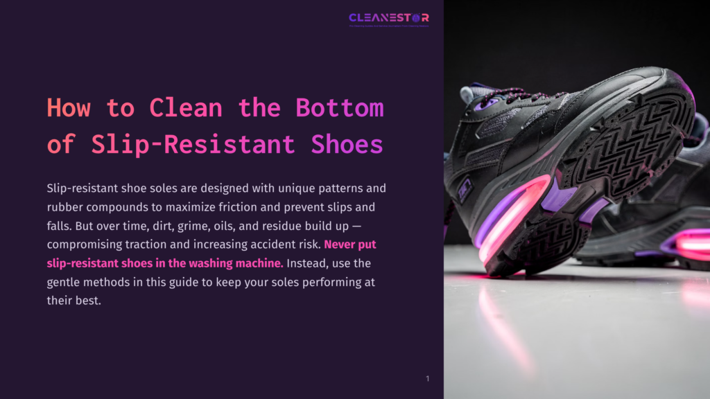 Close-Up Of The Textured Sole Of A Black Slip-Resistant Shoe, Featuring A Vibrant Purple And Pink Glow From Led Lights Embedded In The Midsole. The Shoe'S Tread Pattern Is Clearly Visible, Designed For Maximum Grip.
