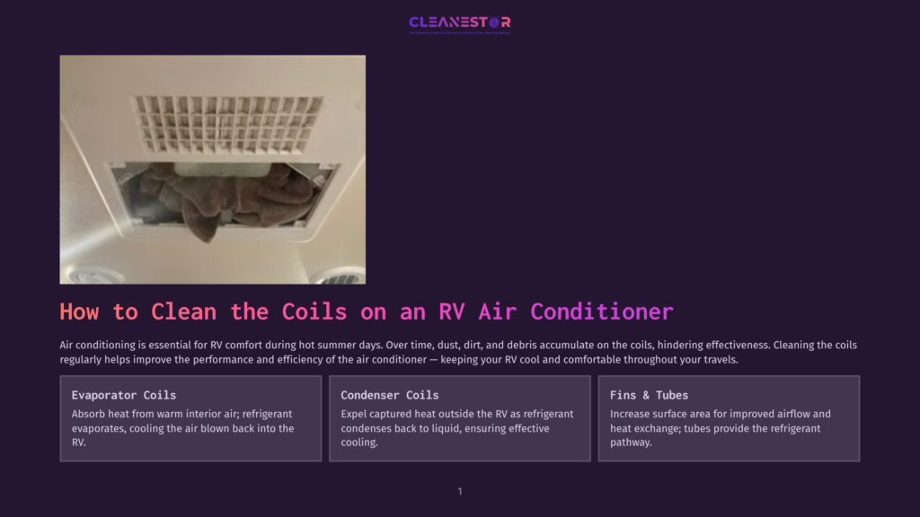 Close-Up Of A Dirty Rv Air Conditioner Evaporator Coil, Covered In Dust And Debris, With The Text &Quot;How To Clean The Coils On An Rv Air Conditioner&Quot; Visible.