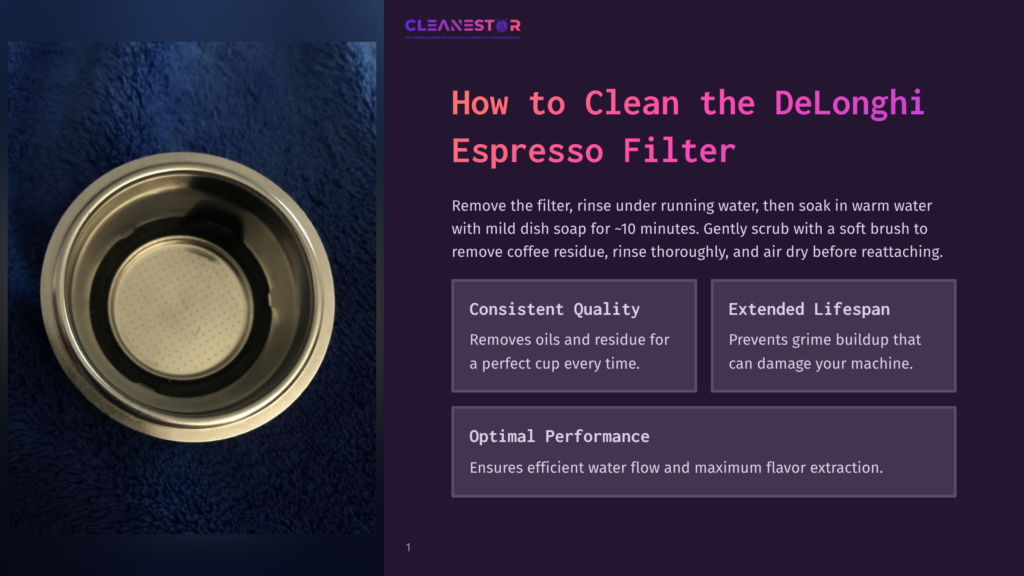 A Close-Up View Of A Stainless Steel Delonghi Espresso Filter On A Blue Background, Showcasing Instructions On Cleaning It To Maintain Optimal Performance And Consistent Quality.