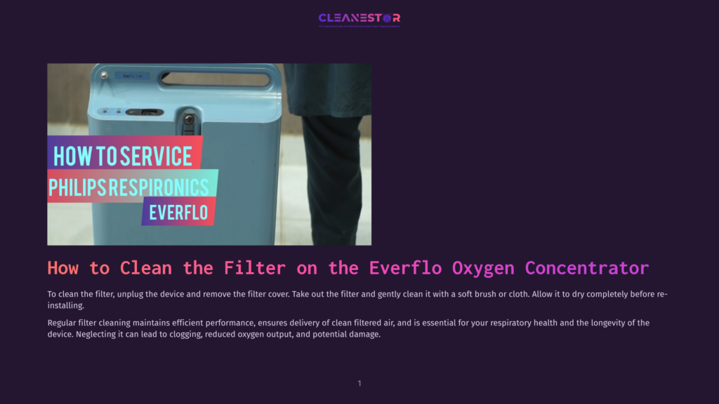 1 How To Clean The Filter On The Everflo Oxygen Concentrator Close-Up Of A Light Blue Philips Respironics Everflo Oxygen Concentrator With &Quot;How To Service&Quot; Text Overlay. The Device Is Shown In A Home Setting.