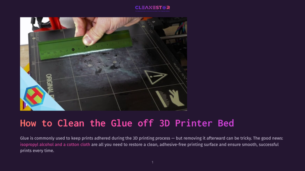 A Hand Uses A Ruler To Scrape Glue Off A 3D Printer Bed, Showing A Clean Surface Beneath, With Isopropyl Alcohol And A Cotton Cloth Ready For Use.