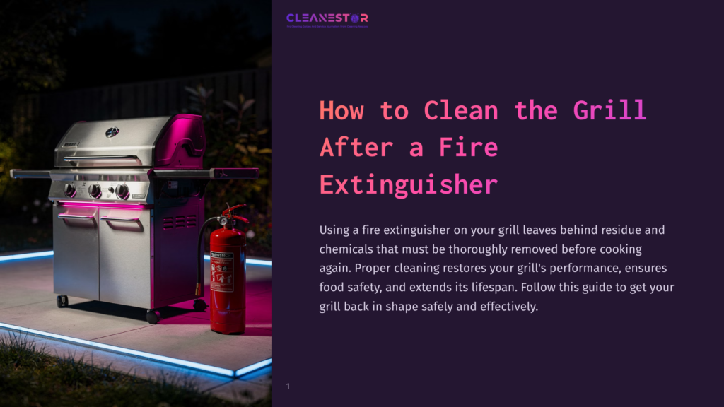 1 How To Clean The Grill After A Fire Extinguisher A Stainless Steel Gas Grill Sits On A Patio At Night, Next To A Red Fire Extinguisher. The Grill And The Surrounding Area Are Illuminated By Bright Blue Led Lights. Text Overlay Reads &Quot;Cleanestor&Quot; And &Quot;How To Clean The Grill After A Fire Extinguisher&Quot;.
