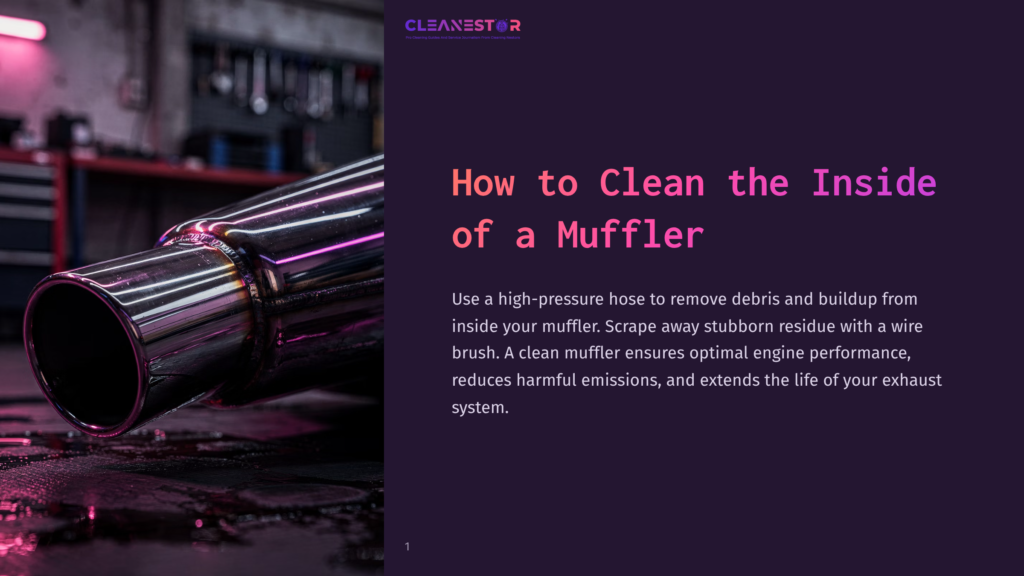 A Shiny Metallic Muffler Tube Rests On A Wet, Dark Surface. The Background Is A Dimly Lit Garage With A Pink And Purple Neon Light, Casting An Unusual Glow On The Metal And Emphasizing The Text &Quot;How To Clean The Inside Of A Muffler&Quot;.