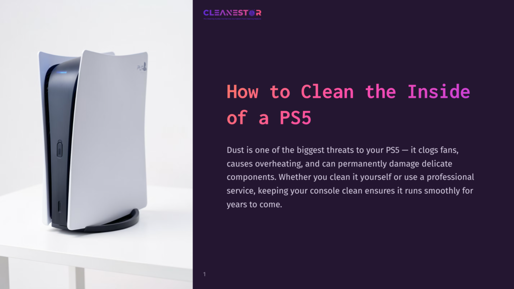 Cleanestor Logo And Title &Quot;How To Clean The Inside Of A Ps5&Quot; On A Dark Purple Background, With A White Playstation 5 Console On The Left.