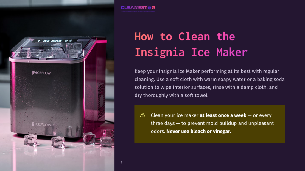 Insignia Ice Maker On A White Counter With Ice Cubes, With Text &Quot;How To Clean The Insignia Ice Maker&Quot; And &Quot;Cleanestor&Quot; Logo.