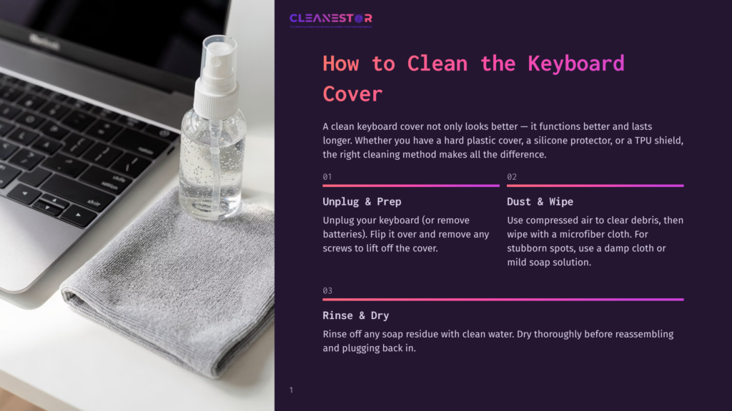 A Cleaning Spray Bottle And Microfiber Cloth Sit Next To A Laptop Keyboard, Illustrating Steps For How To Clean A Keyboard With The Cleanestor Logo Visible.