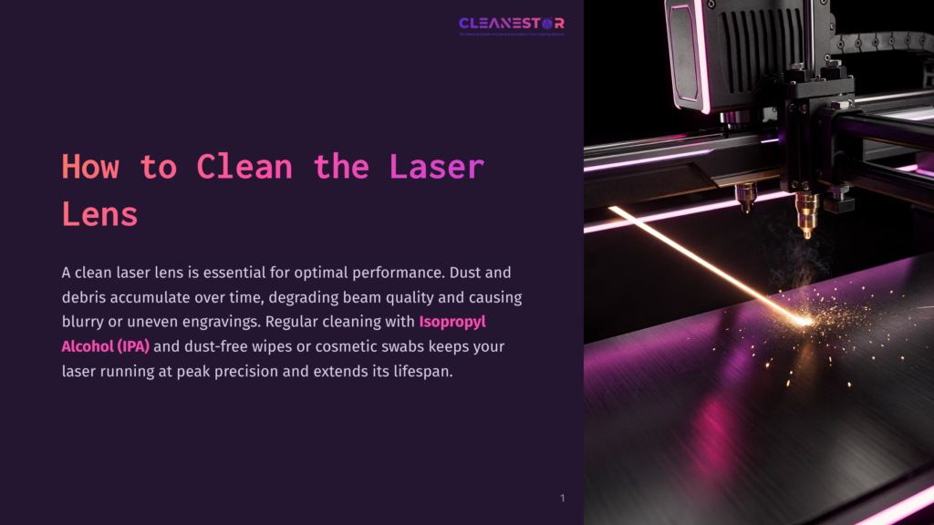 Close-Up Of A Laser Cutting Machine Head Firing A Bright Orange Laser Beam Onto A Dark Metal Surface, Creating Sparks And Smoke. Text On The Left Reads &Quot;How To Clean The Laser Lens&Quot;.