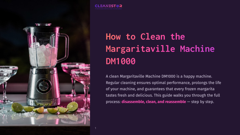 A Margaritaville Machine Dm1000 Blender Jar Filled With Ice And Liquid Sits On A Stainless Steel Base, Next To Salt-Rimmed Margarita Glasses And Lime Wedges. Text Reads: &Quot;How To Clean The Margaritaville Machine Dm1000.