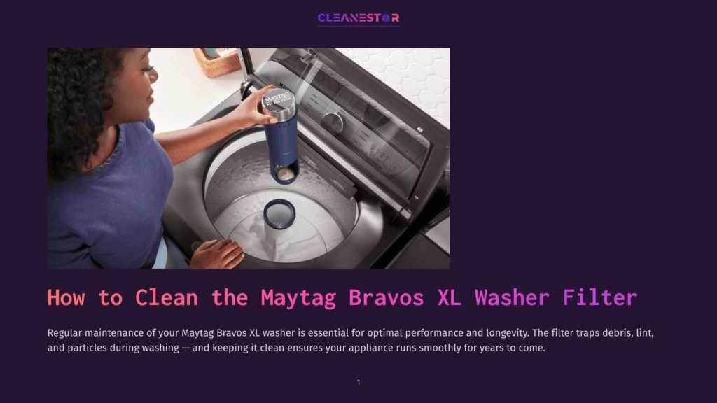 A Woman With Curly Hair Cleaning The Filter Of A Maytag Bravos Xl Washer, Showing The Filter'S Debris And The Appliance'S Modern Design.