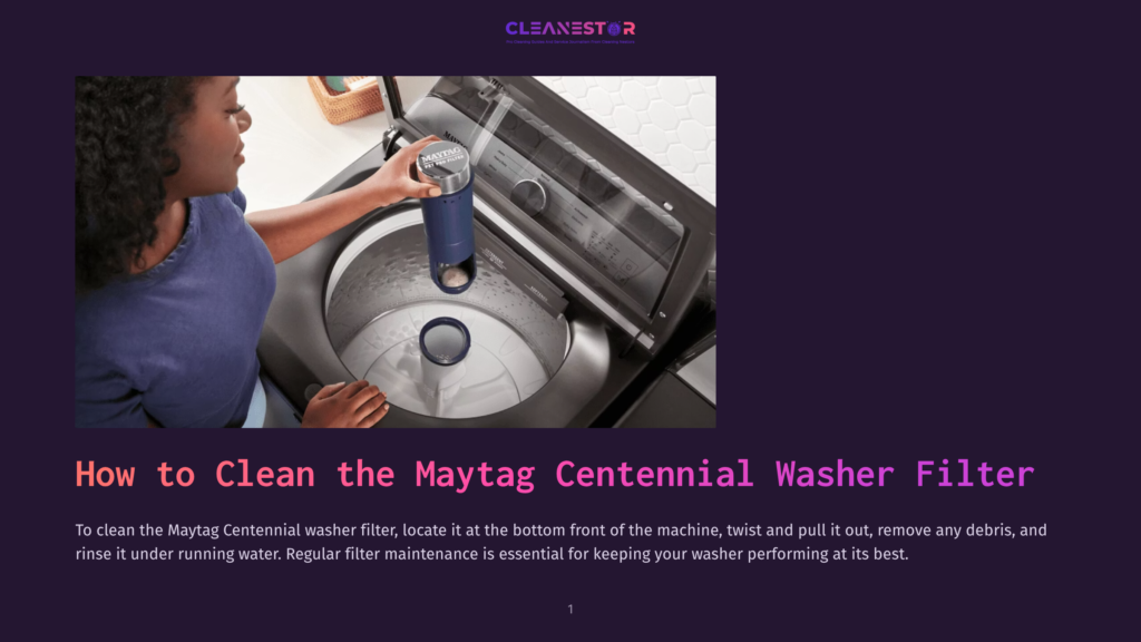 Woman Cleaning Maytag Centennial Washer Filter With A Blue Cleaning Tool, Showing The Filter Removal Process For Appliance Maintenance.
