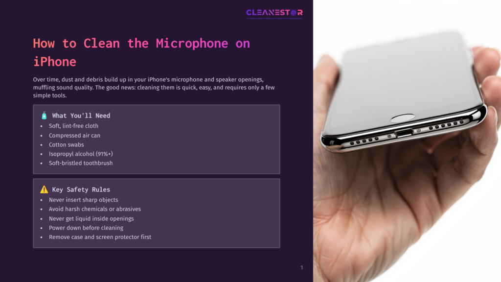 Iphone Microphone Cleaning Guide: Soft Lint-Free Cloth, Compressed Air, Cotton Swabs, And Isopropyl Alcohol Are Needed. Key Safety Rules Include Never Inserting Sharp Objects, Avoiding Harsh Chemicals, And Not Getting Liquid Inside Openings.