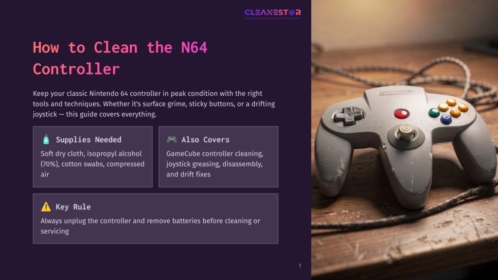 A Vintage Grey Nintendo 64 Controller Rests On A Rustic Wooden Table, Its Textured Surface Showing Signs Of Age. The Iconic Controller, With Its Unique Three-Pronged Design And Colorful Buttons, Is The Central Focus, With A Black Cable Trailing Off To The Right. Overlaying The Image Is A Dark Purple And Grey Informational Graphic With The Title &Quot;How To Clean The N64 Controller&Quot; And Bullet Points Detailing Supplies And Tips.