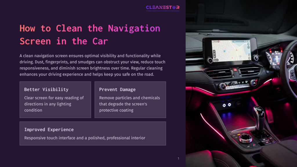 Interior Of A Modern Car At Night, Featuring A Glowing Navigation Screen And Ambient Pink And Purple Lighting Illuminating The Dashboard And Center Console.