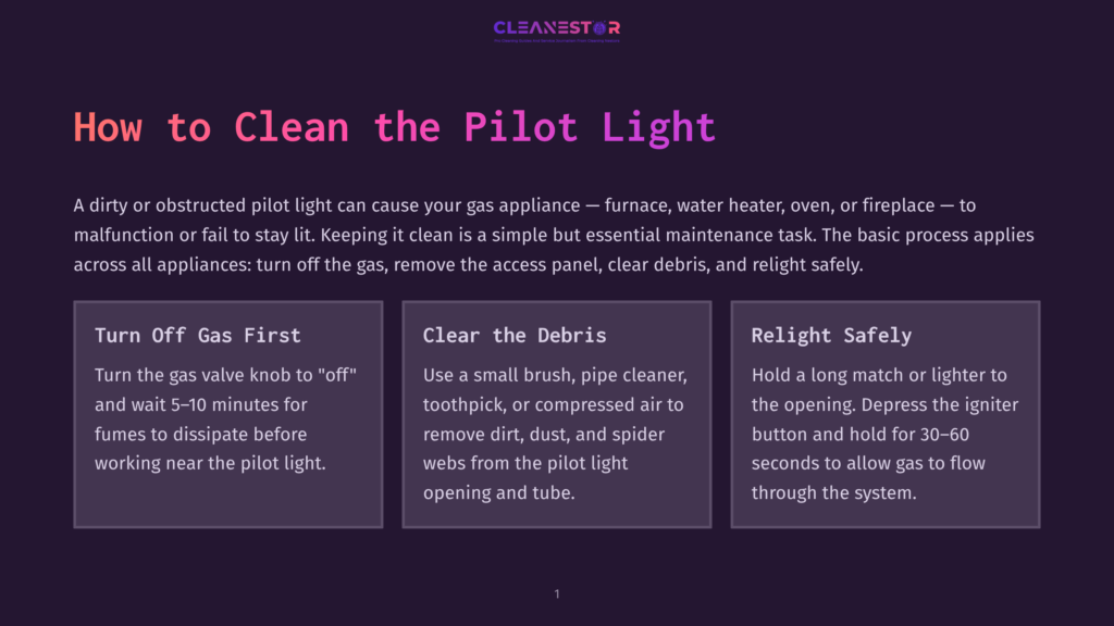 Infographic Titled &Quot;How To Clean The Pilot Light&Quot; Detailing Steps: Turn Off Gas First, Clear The Debris, And Relight Safely, With Text Instructions For Each Step.