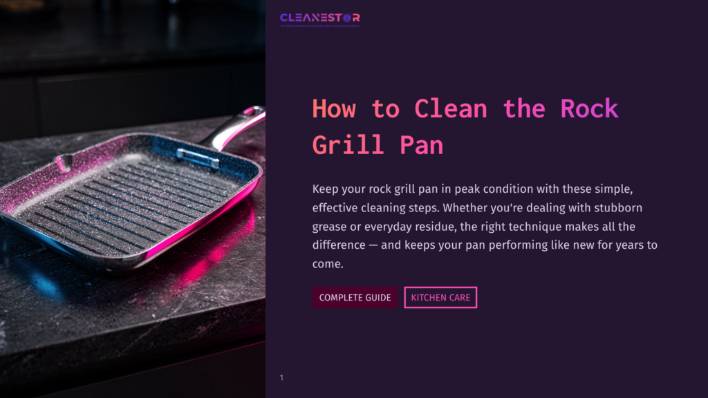 A Shiny, Metallic Rock Grill Pan With Pink And Blue Reflections On A Black Countertop, Surrounded By A Dark Background. Text Overlay Reads &Quot;How To Clean The Rock Grill Pan&Quot;.