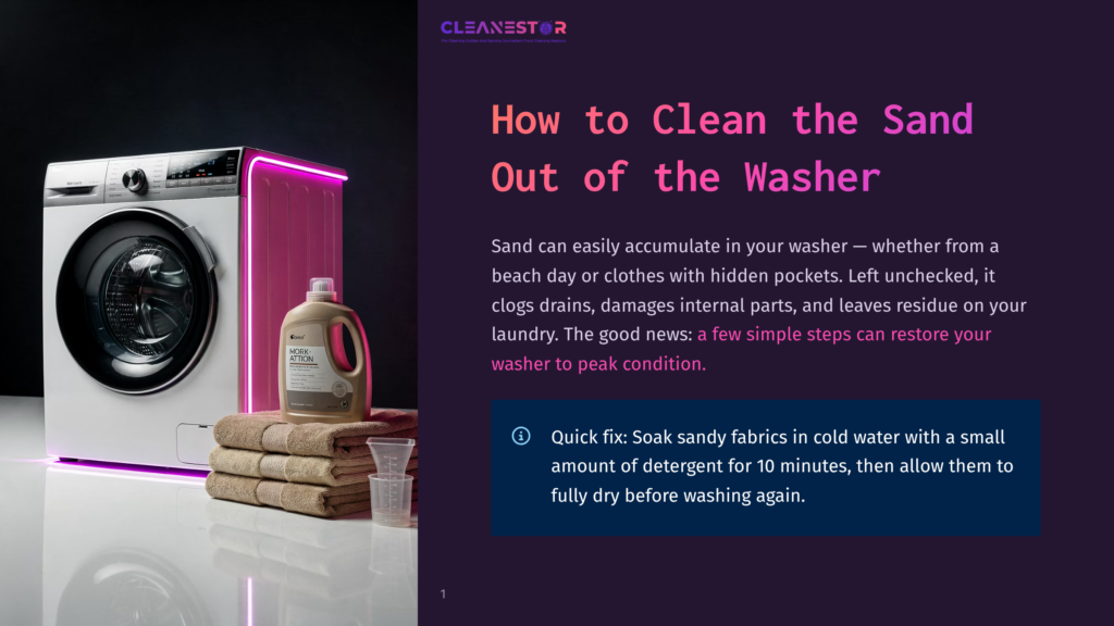 1 How To Clean The Sand Out Of The Washer Front View Of A Modern White Washing Machine With A Clear Door, Next To A Bottle Of &Quot;Work-Attion&Quot; Detergent And Neatly Folded White Towels On A Dark Background With Purple Neon Lighting.