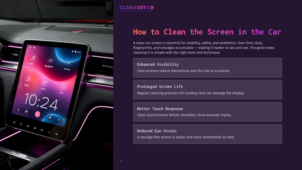 A Modern Car'S Dashboard Screen Displays A Clean Interface With Navigation And Music Apps, Featuring The Time 10:24 And The &Quot;Cleanestor&Quot; Logo, Illuminated By Ambient Pink Lighting.