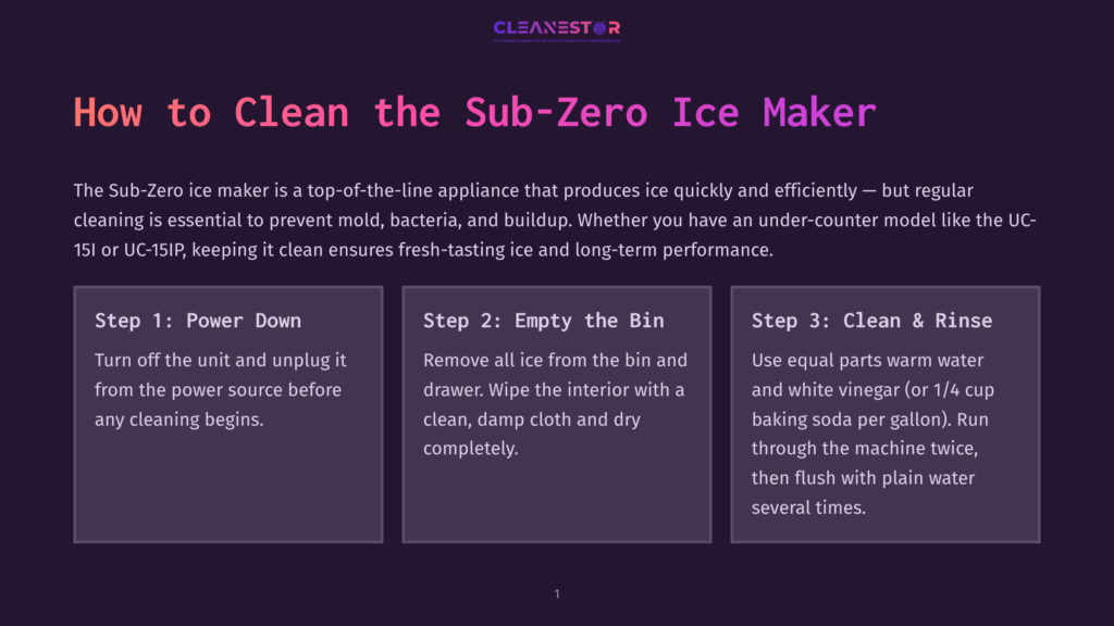 Cleanestor Logo With Text &Quot;How To Clean The Sub-Zero Ice Maker&Quot; And Three Steps: &Quot;Step 1: Power Down,&Quot; &Quot;Step 2: Empty The Bin,&Quot; And &Quot;Step 3: Clean &Amp; Rinse.