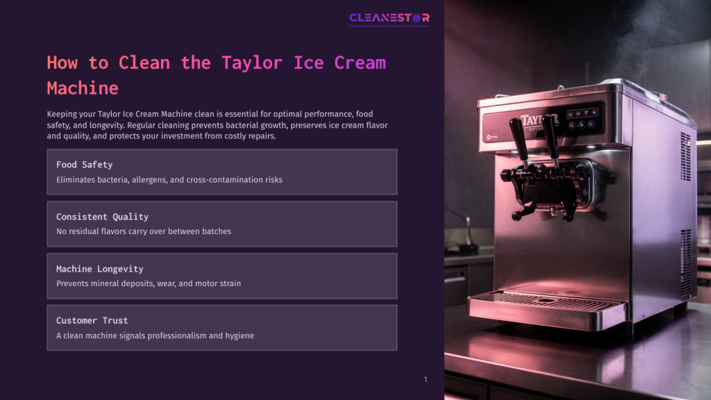 An Image Of A Sleek, Purple Taylor Ice Cream Machine, Designed For Commercial Use, Placed On A Metallic Surface In A Modern Kitchen, Emphasizing The Machine'S Cleanliness And Professional Appearance.