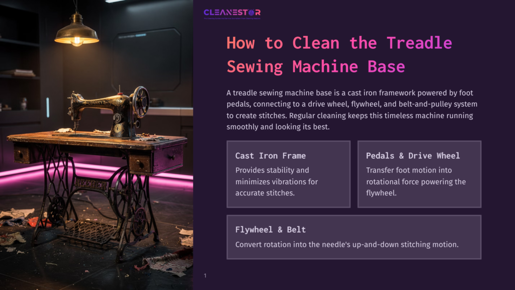 Vintage Treadle Sewing Machine Base With Cast Iron Frame, Foot Pedals, Drive Wheel, And Flywheel Under A Soft Light, With A Dark Background And Purple Lighting.