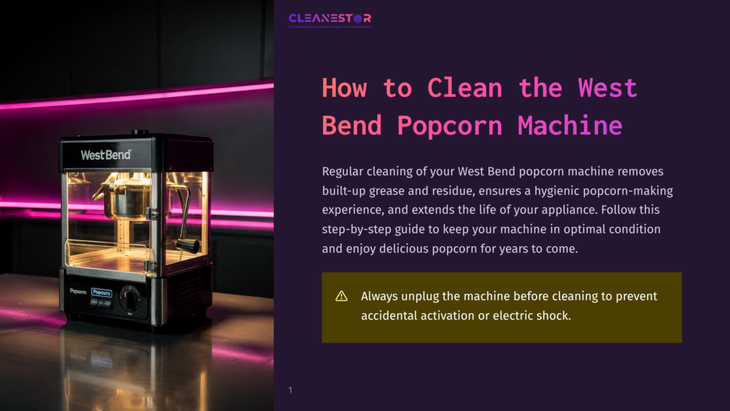 1 How To Clean The West Bend Popcorn Machine A Black West Bend Popcorn Machine Sits On A Reflective Surface, With Bright Pink Neon Lights Illuminating The Background. The Machine Has A &Quot;Popcorn&Quot; Label And Control Knobs.