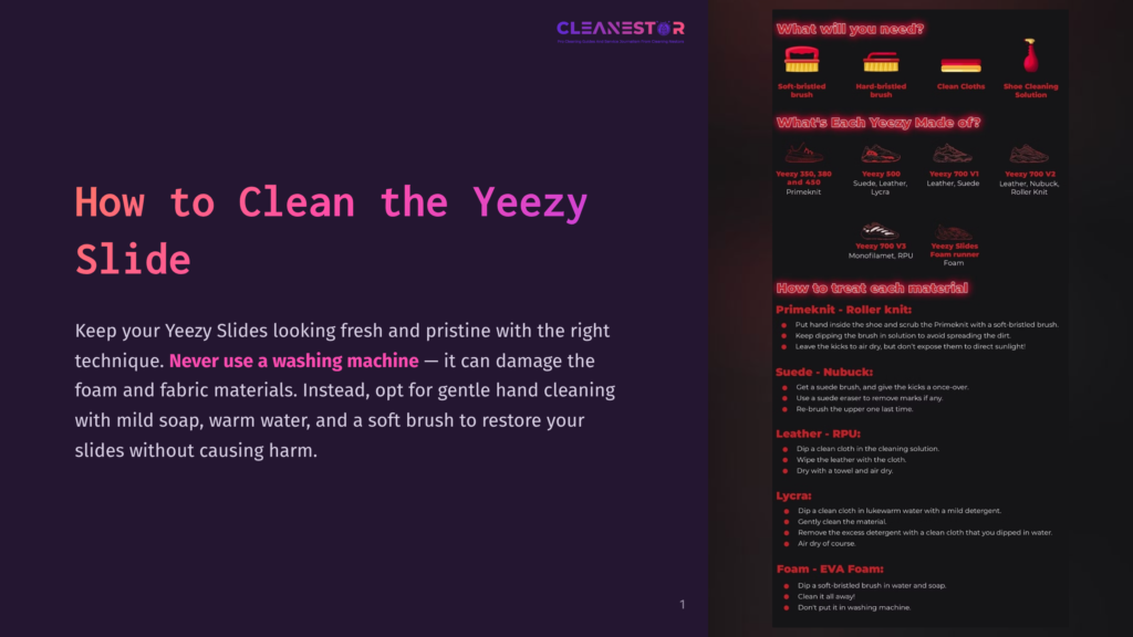 Infographic Titled &Quot;How To Clean The Yeezy Slide&Quot; Showing Cleaning Supplies And Different Yeezy Models, With Step-By-Step Instructions For Cleaning Various Materials Like Primeknit, Suede, And Lycra.