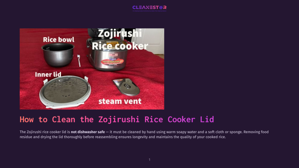 A Zojirushi Rice Cooker Disassembled For Cleaning, Showing The Inner Lid, Rice Bowl, And Steam Vent. Text Overlay Reads &Quot;How To Clean The Zojirushi Rice Cooker Lid&Quot;.