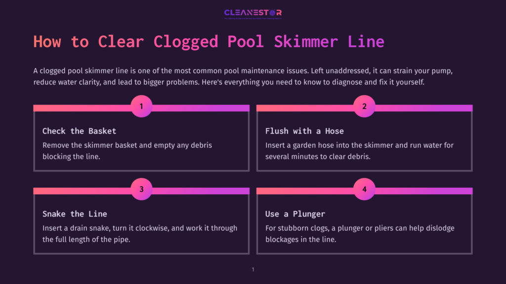 Infographic Detailing How To Clear A Clogged Pool Skimmer Line, With Steps Including Checking The Basket, Flushing With A Hose, Snaking The Line, And Using A Plunger.