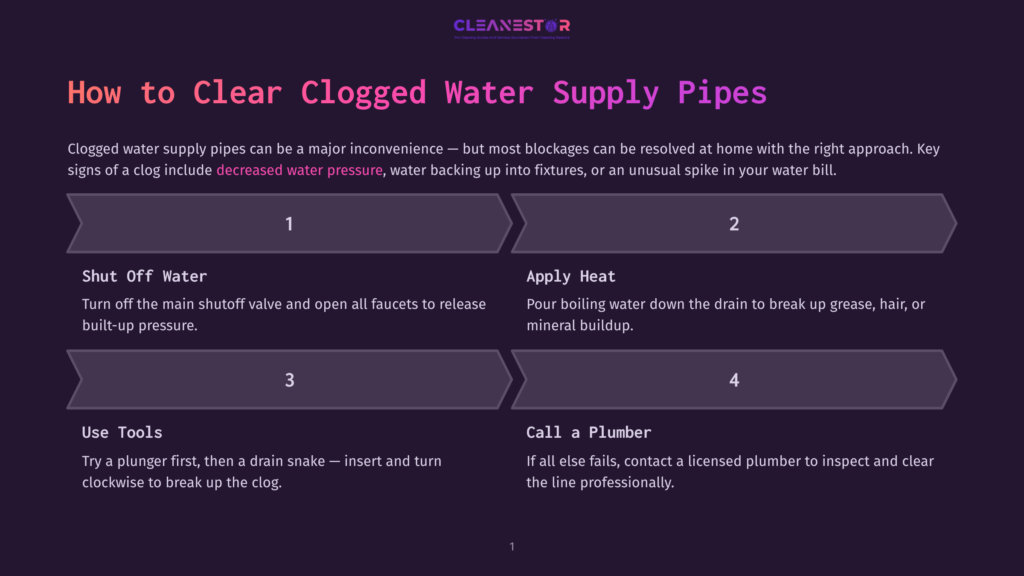 Infographic Titled &Quot;How To Clear Clogged Water Supply Pipes&Quot; With Four Steps: Shut Off Water, Apply Heat, Use Tools, And Call A Plumber. The Graphic Uses A Dark Purple Background And A Clean, Modern Design.